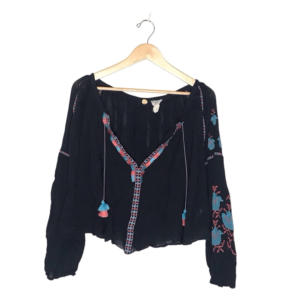 Free People FP One Embroidered Tassel Long Sleeve Gauze Boho Top Size L